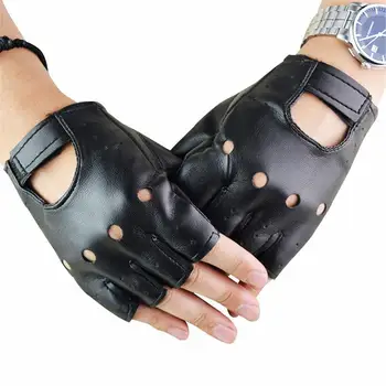 1 Чифт моторни пънк-унисекс ръкавици, черни ръкавици без пръсти от изкуствена кожа, Черни дамски ръкавици за шофиране на половината от палеца, дамски, мъжки спортни ръкавици