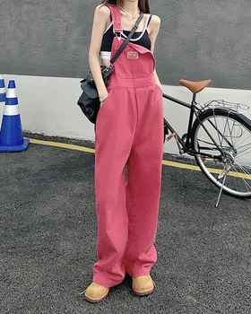 Дамски дънки ГСМ 2022, лятото, елегантен дизайн, свободни широки розови панталони за момичета, гащеризон, корейски случайни деним гащеризон, женски (78891