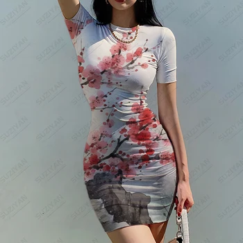 Лятното ново дамско дебнещ рокля с 3D-принтом plum blossom lady slim dress с рисувани туш ladies slim dress trend slim lady dress