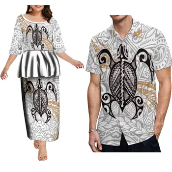 Женствена рокля със средни ръкави, костюм Пулетаси с мъжка риза с къси ръкави, костюм за двойки в полинезийски стил, Безплатна доставка