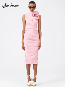 Сексуалното приталенное рокля без ръкави с високо воротом и розово цвете 2023, Ново лятно-секси елегантна рокля в сгъвката на купоните в клубния стил, Vestido