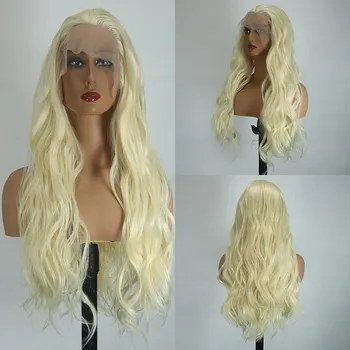 Меден blond # 613 Синтетични перука на дантели без лепило, без вълна, Термостойкое влакна, натурална линия на растеж на косъма, без раздяла за жени