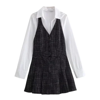 Taop & Za 2024, Новост ранна пролет, модерен женски стил, приталенное мини-рокля с мек яка и текстурными вложки