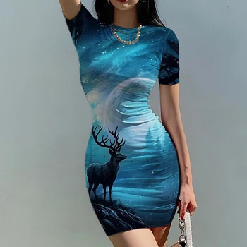 Лятното ново дамско приталенное рокля с 3D принтом 