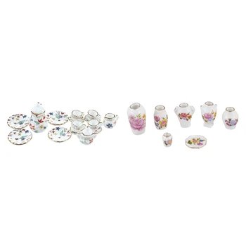 2 комплекта миниатюрни аксесоари Dollhosue: 1 комплект прибори, порцелан чай и 1 комплект керамични порцеланова ваза рози