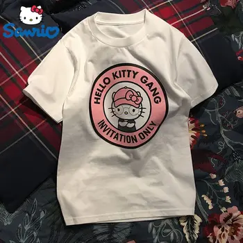 Sanrio Тениска с хубав модел Hello Kitty от 100% чист памук Оверсайз, дамски летни тенденция на свободни розови тениски, блузи с принтом, дрехи