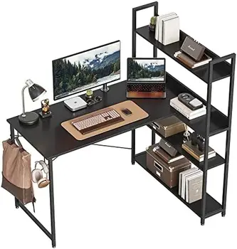 Ъглово бюро с рафтове за съхранение, 47-инчов малък компютърен маса L-образна форма, бюро за домашния офис с 2 куки, черен