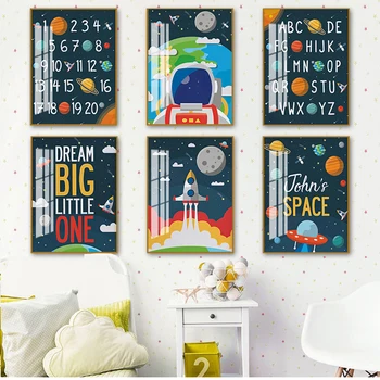 Плакати и щампи, стенни пана, Интериор на детската стая, Потребителско име, Астронавт, Азбука, цифри, Стенно изкуство в детската градина, платно, живопис