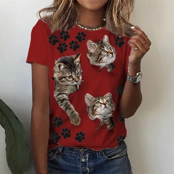 Модерен дамски тениски с къс ръкав и принтом котка, дамски тениски в стил харадзюку, женска тениска, потник, с кръгло деколте и животни, дамски дрехи с животни
