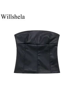Willshela, дамски модни блузи с корсет от изкуствена кожа черен на цвят, с цип отстрани, реколта блузи без презрамки с отворен гръб, шикозни дамски блузи на бретелях