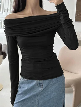Дамски секси потник с открити рамене, тениска Y2K, приталенная блуза с дълъг ръкав, риза за излизане на светлина, градинска облекло
