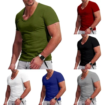 Лятна мъжка тениска с къс ръкав, V-образно деколте, спортна зала, Мускулен фитнес, тънки тениски за бодибилдинг, ежедневни ризи, монофонични топ