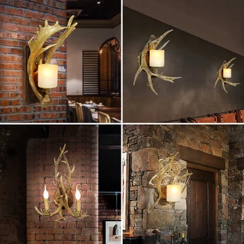 Американски ретро стенен лампа с оленьими рога Креативна хол Ресторант Фон Монтиране на Украса Оленьи рога, с монтиран на стената лампа