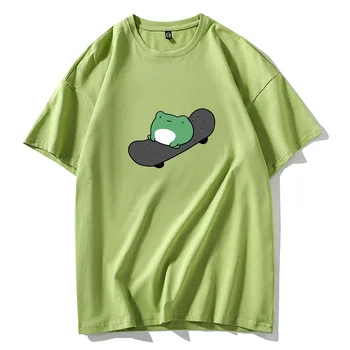 Тениска с изображение на жаби за скейтборд, забавна сладка тениска с изображение, женска риза в зелен цвят, эстетичная тениска оверсайз Harajuku, ежедневни летни блузи, градинска облекло