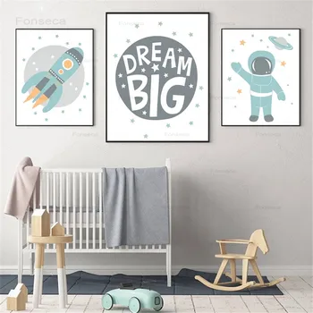 Плакат с космонавт, Космическа ракета, детска, монтиране на изкуството, платно, плакат със скандинавски принтом, декоративна картина за детска стая
