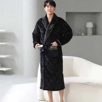 Нови зимни мъжки халат памук, халат с 3 слоя, мъжки топъл халат за баня-кимоно