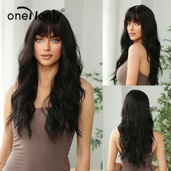 oneNonly Дълга черна перука с вълнообразни бретон, синтетични перуки за жени, cosplay за парти, натурални топлоустойчива косата