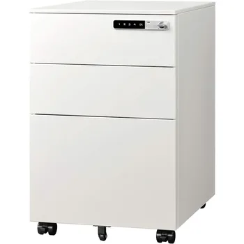 Произведено метален шкаф шкаф DEVAISE с 3 чекмеджета и интелигентен ключ, предварително събрана стоманена поставка за бюро-бял цвят