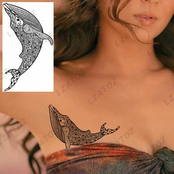 Временни татуировки с кружевными животни-китове за жени, Реалистичен Морски Кон, Слон, фалшива татуировка, стикер, Сексуална Водоустойчив татуировка на гърдите