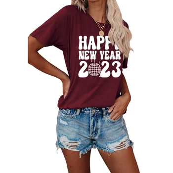 Жените Красиви Забавни Тениски честита Нова Година, Годишният Случайни Топ С Къс Ръкав, Пуловер С кръгло деколте, Плажна Блуза Свободно Намаляване на M6CD