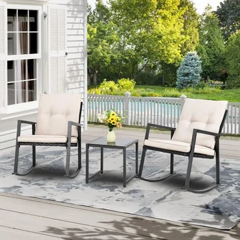 Столове за тераса, Оплетка люлеещ се стол от 3 части, улични комплекти за бистро с холна масичка и възглавници, мебели за двор с метална рамка