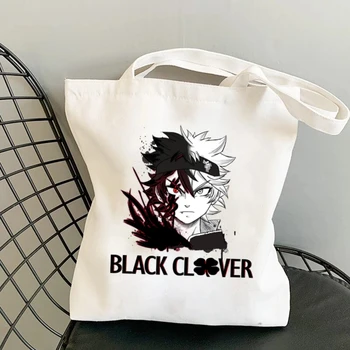 Японски аниме Дамски чанти, чанта за през рамо в стил Харадзюку, чанта за пазаруване с принтом Черно детелина, Холщовая чанта за пазаруване, Множество чанта-тоут, чанти