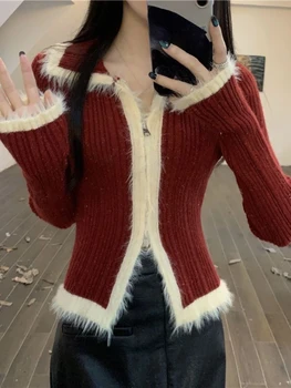2024 Пролетта Корейски модерен пуловер, Дамски пуловер с кръгло деколте, вязаный Топло трико, дамски жилетки, Всекидневни Коледен Естетически 2000-те