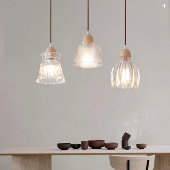 Стъклена малка странична лампа, японски дървени висящи лампи, стенни лампи от прозрачно стъкло, led тавана лампа E27 за кухня с маса за хранене