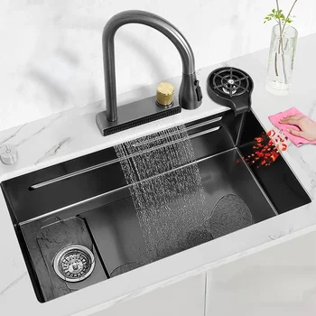 Черна мивка с водопад от неръждаема стомана 304, кухненска мивка с една чаша и водопадным крана За ремонт на кухня