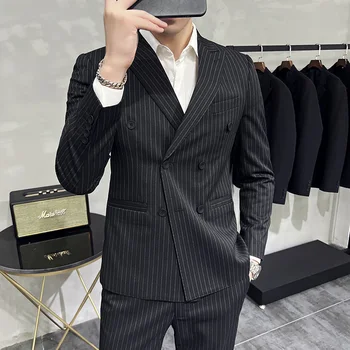 Нов мъжки висококачествен костюм (костюм + жилетка + панталони) на модната марка корейската версия Britsh solid color busness suit three peces