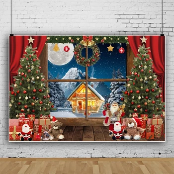 Коледен подарък, червена завеса, една Дървена кутия, Фон за снимки, паркет, Душ за новородено, Детски Портрет фонове.