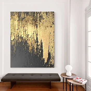 Ръчно рисувани с маслени бои Черно-златната Абстрактна живопис Черното злато Абстрактно Стенно изкуство Златното Абстрактно стенно изкуство Златното платно