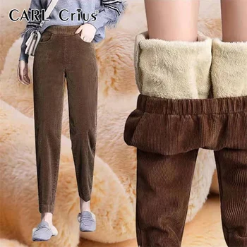 CARL CRIUS-Женски прави панталони от Овче руно с изолация, Всекидневни плюшени, за средна и напреднала възраст, по-Големи размери, Есен и зима