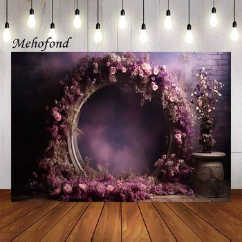 Фон за снимки Mehofond Ретро лилаво цвете, Тухлена стена, сватбен портрет, декор за парти по случай рождения ден на детето, на фона на фото студио