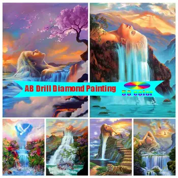 5D AB диамантена живопис Пейзажи Женски комплект за бродиране водопад Диамантена мозайката е Художествена картина на ръчно изработени Декорация на дома, занаят подарък