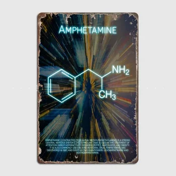 Метална оловен табела с молекулите на амфетамин с неон табела за украса на стени с участието на молекули на наркотици