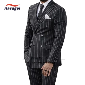 Мъжки костюм в тънка ивица, двубортный смокинг от 2 теми, оборудвана бизнес блейзър, комплект панталон