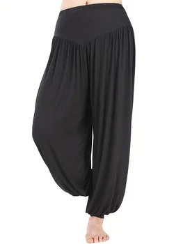 Ежедневни спортни панталони големи размери, дамски обикновена панталони за йога с висока засаждане, свободно намаляване, ластични панталони