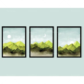 Щампи зелени планински гори, фронтонное изкуство, изчистен плосък пейзаж за декорация на дома, цветен печат на плакати