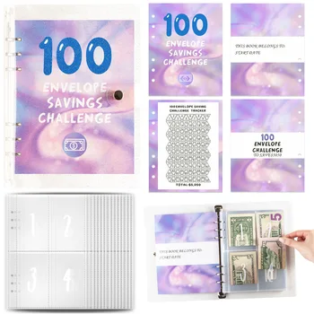 Бюджетен подвързия А5 Purple 100 в плик Challenge С парични конвертами, планиране на бюджета, е лесно да се спестят 5050 щатски долара