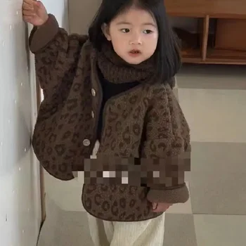 Палта за момичета Зимни корейската версия, однобортная яке с леопардовым принтом, V-образно деколте, плюшен и удебелена яке в стил topa, топло палто за момичета