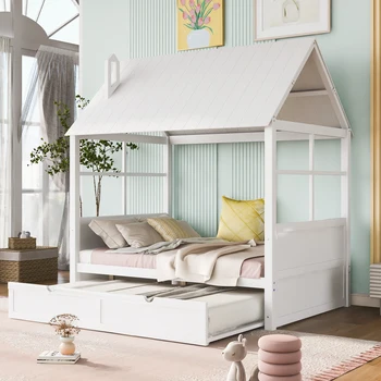 Пълен размер легло за дървена къща с две чекмеджета, дървена кушетка, бяла
