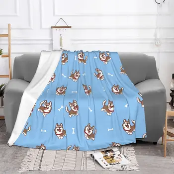 Красиви кафяви одеяла с анимационни модел на Сибирската куче Хъски, Флисовые одеяла с мил домашен любимец, топло покривка за дивана, спално бельо за дивана