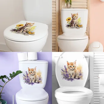 1 бр. Съставен сладко котенце с цветя, тоалетна за спални, украса за тоалетни, за украса на стени от PVC материал за баня за детски стаи