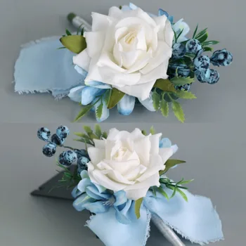 2 елемента Светло-Синята Лента На Китката си Корсаж Boutonniere Набор от Бяла Роза Изкуствени Цветя Флора Корсаж Гривна Boutonniere Игли