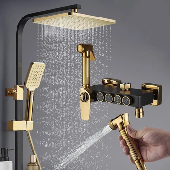Душ кабина за баня, 8-инчов комплекти дюзи за душ с дъждовна тупалка, Ретро стенен смесител, черно-златен комплект за душ
