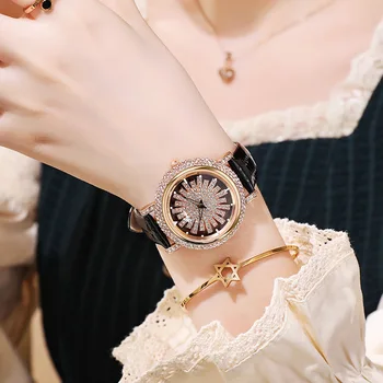 Модерни и луксозни дамски часовник с въртяща бриллиантовым водоустойчив кварцов каишка Елегантни дамски часовници V40