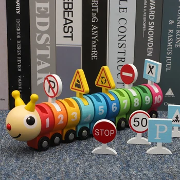 Цветен дървен влак-писта с цифрови пътни знаци, играчка за разпознаване на цветови сървиз, която разработва играчката в подарък