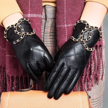 Дамски ръкавици от естествена овча кожа, ръкавици за колоездене в стил пънк на открито със сензорен екран върху целия пръст