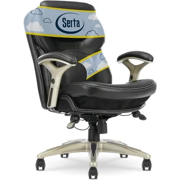 Ергономична технология за управление на движението в офиса, което е регулирано работно стол със средна облегалка и лумбална опора, черна клеенчатая кожа
